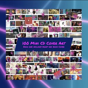 May include: A grid of 100 mini CD cover art pieces, each with front and back covers. The album art designs vary, with a dark blue banner displaying the product's name. The image is decorated with pink starbursts.