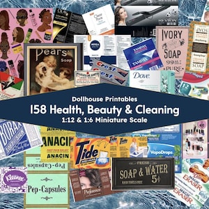 150+ Mini Gesundheit Schönheit Reinigung Badezimmer Boxen, Kunst & Etiketten für Miniatur-Puppenhaus, Zimmer-Box, Dioramen ~ Printable PDF 1:12 und 1;6