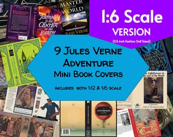 9 Jules Verne Adventure Mini Book Covers, 1:6 Fashion Doll Scale, Vintage Dust Jacket