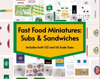 ミニチュアファストフードパッケージ、8種類のサブ＆サンドイッチレストラン（1:12ドールハウススケール）PDF