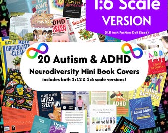 20 Autism ADHD Mini Book Covers, 1:6 Fashion Doll Scale Neurodivergence Tiny Autistic