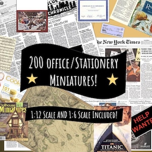 200 artículos de papelería en miniatura para imprimir: revistas, periódicos, sobres, cajas, mapas, carteles, tarjetas y diplomas para casas de muñecas, en escala 1:6 y 1:12