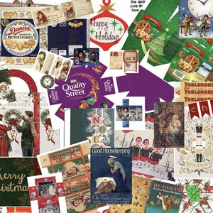 Pu&ograve; includere: Un collage di immagini a tema natalizio che include confezioni di biscotti al burro Danisa, scatole di caramelle Quality Street, incarti di Toblerone, una copertina della rivista Good Housekeeping, cartoline vintage, illustrazioni di schiaccianoci e scene festive.