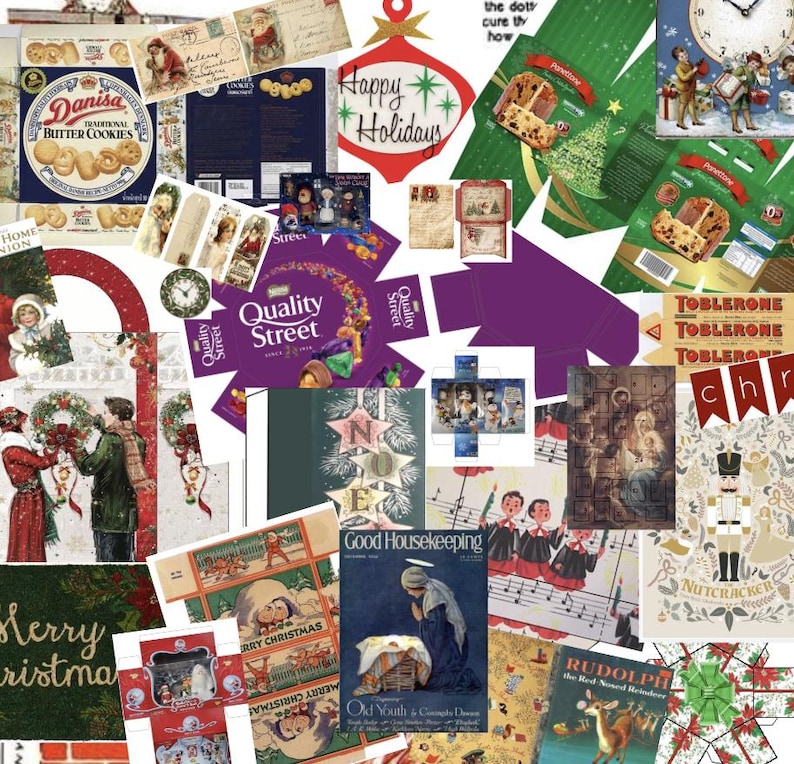 Pu&ograve; includere: Un collage di immagini a tema natalizio che include confezioni di biscotti al burro Danisa, scatole di caramelle Quality Street, incarti di Toblerone, una copertina della rivista Good Housekeeping, cartoline vintage, illustrazioni di schiaccianoci e scene festive.