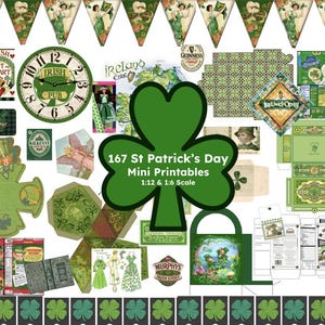 Puede incluir: Una colección de 167 mini decoraciones imprimibles para el Día de San Patricio en verde, blanco y dorado. Las imprimibles incluyen un reloj, un trébol, un mapa de Irlanda y varios otros diseños de temática irlandesa. Las imprimibles están diseñadas para casas de muñecas a escala 1:12 y 1:6.
