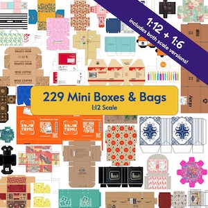 Puede incluir: Una colección de 229 cajas y bolsas en miniatura imprimibles en escalas 1:12 y 1:6. La imagen muestra varias plantillas planas con diversos colores, patrones y logotipos de marcas, incluyendo texto como 229 Mini Boxes & Bags y 1:12 + 1:6.