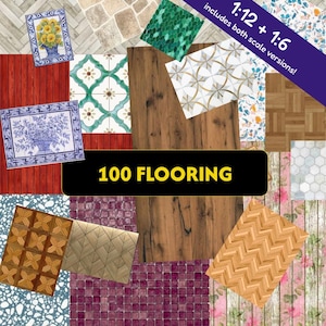May include: A collection of 100 flooring patterns for miniature projects, featuring wood planks, tiles, mosaics, and floral designs. The image includes text stating 100 FLOORING and 1:12 + 1:6 includes both scale versions.