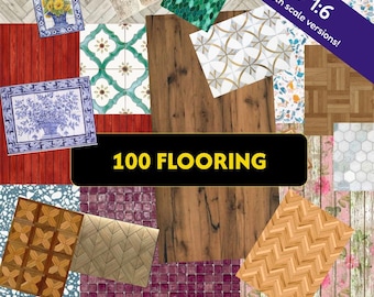 May include: A collection of 100 flooring patterns for miniature projects, featuring wood planks, tiles, mosaics, and floral designs. The image includes text stating 100 FLOORING and 1:12 + 1:6 includes both scale versions.