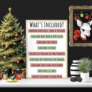 Pu&ograve; includere: Un cartello digitale intitolato What's Included? che elenca articoli natalizi come carta da regalo, biglietti, libri, spartiti, scatole, modelli, arte, lavoretti e calendari dell'avvento accanto a un albero di Natale decorato.