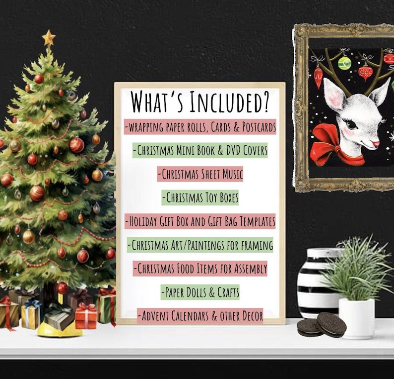 Pu&ograve; includere: Un cartello digitale intitolato What's Included? che elenca articoli natalizi come carta da regalo, biglietti, libri, spartiti, scatole, modelli, arte, lavoretti e calendari dell'avvento accanto a un albero di Natale decorato.