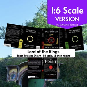 May include: Miniature book set featuring "The Lord of the Rings" and "The Hobbit" by J.R.R. Tolkien. The set includes the titles "The Fellowship of the Ring", "The Two Towers", "The Return of the King", and "The Hobbit". Each book is 1.5 inches in height.