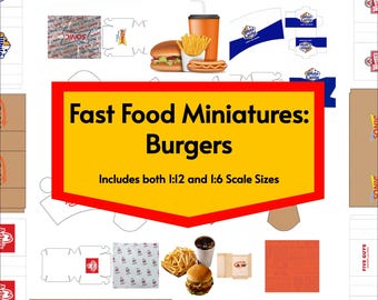 Mini Fast Food Packaging, 8 Burger Restaurants in 1:12 Dollhouse Scale Printable PDF