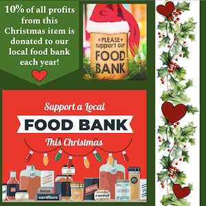 Pu&ograve; includere: Un design grafico su sfondo rosso con illustrazioni di vari barattoli e lattine di cibo etichettati juice, corn, tuna, sardines, orange, honey, beans, carrot e cucumber, sormontato da luci natalizie e dal testo Support a Local FOOD BANK This Christmas.