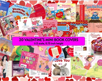 20 Valentine's Day Mini Book Covers- Holiday Tiny Books for Anxiety Bookshelf, Book Nook, Dollhouse Miniature Bookshelves