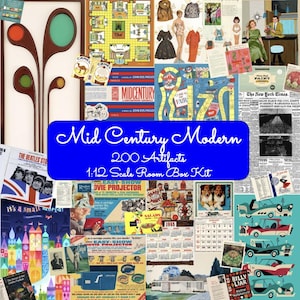 May include: A collage of mid-century themed paper artifacts including a 1:12 scale room box kit, board games, vintage advertisements, newspaper clippings, paper dolls, and illustrations of retro cars, all featuring the text Mid Century Modern 200 Artifacts.