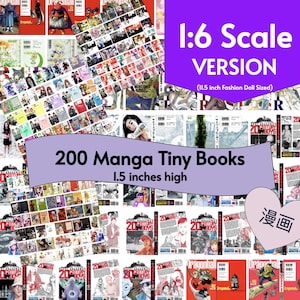 May include: A collection of 200 tiny manga books, each 1.5 inches high, designed for 1:6 scale fashion dolls. The image features a variety of colorful book covers with Japanese text and the text "200 Manga Tiny Books".
