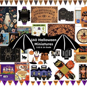 160 HALLOWEEN Dollhouse Miniature Printables- 1:12 & 1;6 Skalierung von Spielzeug, Essen, Schachteln, Taschen, Geschenkpapier, Kunst, Karten, Uhren, Matten, etc