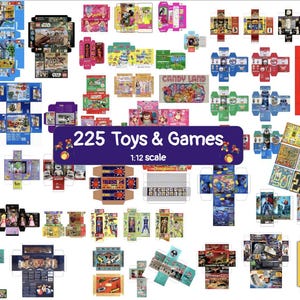 225 miniatuurspeelgoed- en speldozen in schaal 1:12 vintage en modern afdrukbare pdf