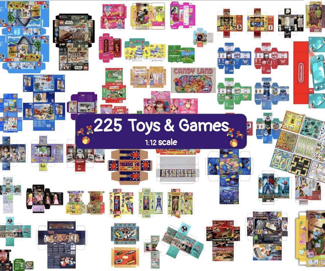 225 Toys & Games Miniature Printable Boxes, Game Boards and Lunch Boxes~ 1:12 Scale Dollhouse Printable PDFs, Plus 1;6 Scale Version