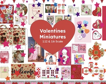 May include: A collage of Valentine's Day miniatures, including heart-shaped boxes, greeting cards, and decorative elements. The image features a large red heart with the text "Valentines Miniatures 1:12 & 1:6 Scale". Pink and red stars and banners add to the festive theme.