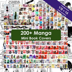 Peut inclure: Une collection de plus de 200 couvertures de mini livres de manga présentant diverses illustrations colorées et du texte japonais. L'affichage comprend une étiquette rectangulaire vert foncé avec le texte blanc 200+ Manga Mini Book Covers et une bannière d'angle violette indiquant includes both 1:12 + 1:6 scale versions.