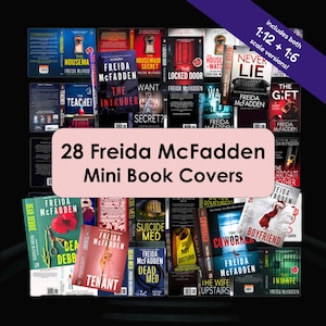 May include: A display of 28 miniature book covers by Freida McFadden. The covers showcase a variety of titles with eye-catching designs and text, such as "The Housemaid," "The Locked Door," and "Never Lie."