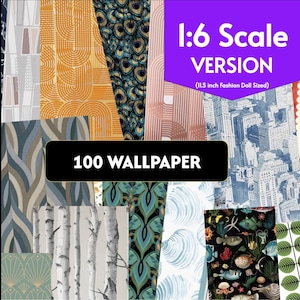 May include: A collection of 100 wallpaper sheets in 1:6 scale, sized for 11.5 inch fashion dolls. The patterns include geometric arches, peacock feathers, cityscapes, birch trees, seashells, and underwater marine life in various colors.
