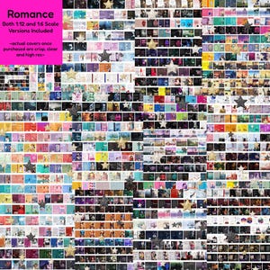 May include: A digital collage of numerous miniature book covers featuring various colorful designs and titles. The text on the pink background reads: Romance, Both 1:12 and 1:6 Scale Versions Included, -actual covers once purchased are crisp, clear and high res-.