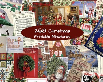 May include: A collection of 268 Christmas printable miniatures featuring various holiday imagery including Santa Claus, reindeer, gingerbread houses, wreaths, vintage book covers, sheet music, and festive patterns in red, green, and white.