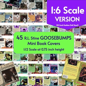 Puede incluir: Una colección de 45 mini portadas de libros de Goosebumps de R.L. Stine. Las portadas están a escala 1:12, cada una de 1,9 cm de altura. La imagen también incluye el texto "1:6 Scale VERSION (11.5 inch Fashion Doll Sized)".