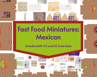 Mini Taco FastFood Packaging, 8 Mexican Restaurants in 1:12 Dollhouse Scale PDF Printable