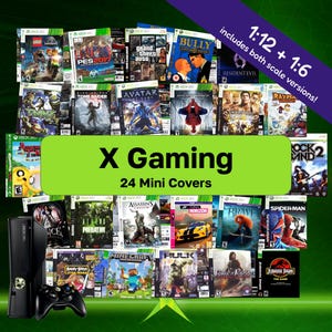 May include: A collection of 24 miniature Xbox 360 game covers featuring titles like Lego Jurassic World, PES 2017, GTA IV, Bully, and Resident Evil. The set includes 1:12 and 1:6 scale versions, displayed alongside a black Xbox 360 console and controller.