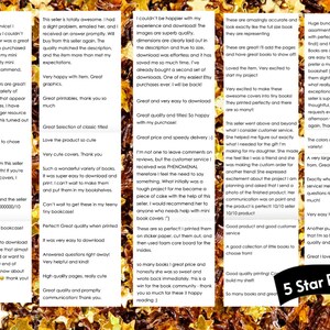 May include: A collection of customer reviews displayed in five vertical columns against a background of gold star-shaped confetti. The text includes various positive testimonials about mini book covers, printables, and customer service, with a black banner in the bottom right corner featuring the white text 5 Star Reviews.