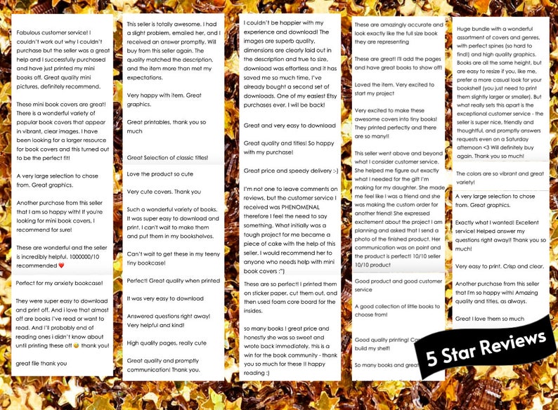 May include: A collection of customer reviews displayed in five vertical columns against a background of gold star-shaped confetti. The text includes various positive testimonials about mini book covers, printables, and customer service, with a black banner in the bottom right corner featuring the white text 5 Star Reviews.