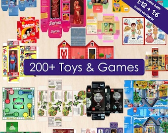 200種類以上のミニチュアおもちゃ＆ゲームボックス　小さなヴィンテージ＆モダンなドールハウス用印刷可能おもちゃ