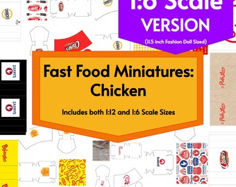 Mini Fast Food Packaging, 8 Chicken Restaurants in 1:16 Fashion Doll Scale PDF Printable