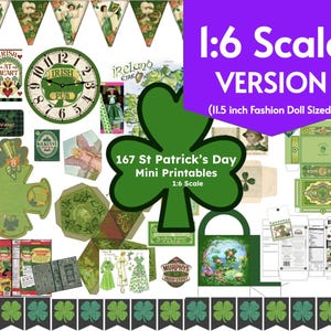 Könnte beinhalten: Eine Sammlung von 167 Mini-Drucken zum St. Patrick's Day im Maßstab 1:6. Das Bild zeigt verschiedene Artikel mit grünem und weißem Thema, darunter eine Uhr, Banner und Miniaturboxen. Der Text auf dem Bild enthält "Irish Pub" und "Lucky Charms".