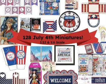 128 Patriotic Dollhouse Miniatures – 4th of July Printable PDF (1:12 Scale)