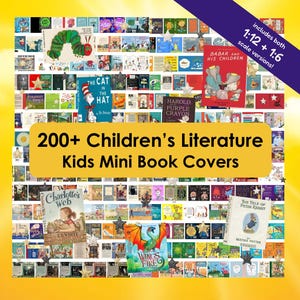 May include: A collection of over 200 miniature children's literature book covers featuring titles like The Very Hungry Caterpillar, The Cat in the Hat, and Charlotte's Web. The display includes 1:12 and 1:6 scale versions with star accents.