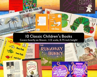 Classic Children's Literature Mini Book Covers- 10 Tiny Books Micro Collection, Anxiety Bookshelf  ~Kids for Book Nooks & Mini Bookshelves~