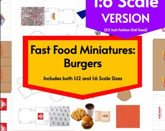 Mini Fast Food Packaging, 8 Burger Restaurants in 1:6 Fashion Doll Scale Printable PDF