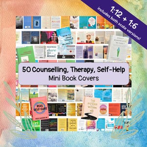 May include: A collection of 50 miniature book covers for counseling, therapy, and self-help topics. The display includes various titles and designs, with a purple banner stating 1:12 + 1:6 includes both scale versions and 50 Counselling, Therapy, Self-Help Mini Book Covers.