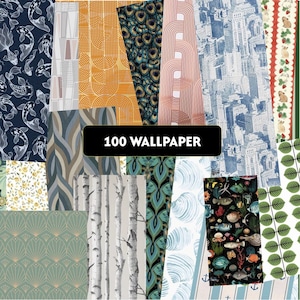 May include: A collage of various wallpaper samples, showcasing diverse patterns and colors. Designs include koi fish, geometric shapes, floral motifs, cityscapes, and nature-inspired prints. The text "100 WALLPAPER" is displayed on a black rectangle.