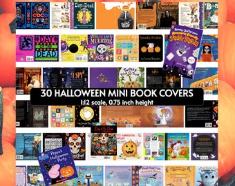 Può includere: Una collezione di 30 copertine di mini libri di Halloween in scala 1:12, ciascuna alta 1,9 cm. L'esposizione presenta varie illustrazioni colorate, titoli e codici a barre, inclusi temi come il Giorno dei Morti e storie di paura.