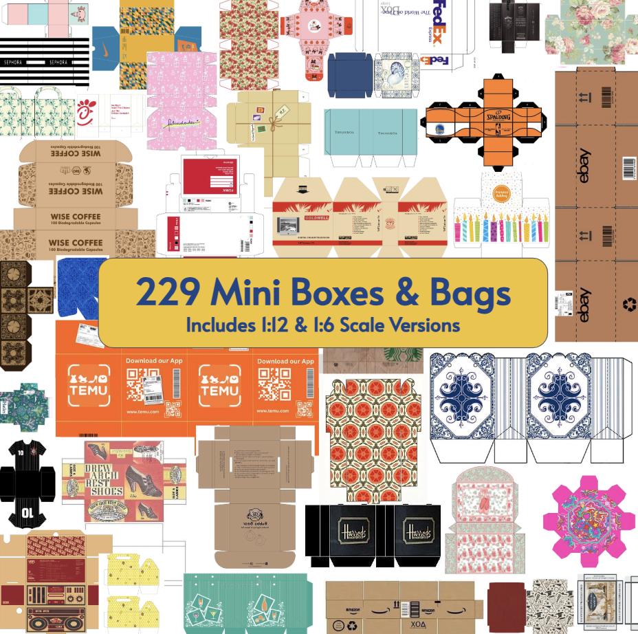 229 Boxes & Bags for Miniature Dollhouse, Room Box, Dioramas, Book Nooks etc~ Printable PDF 1:12 and 1;6 Scale BOTH included
