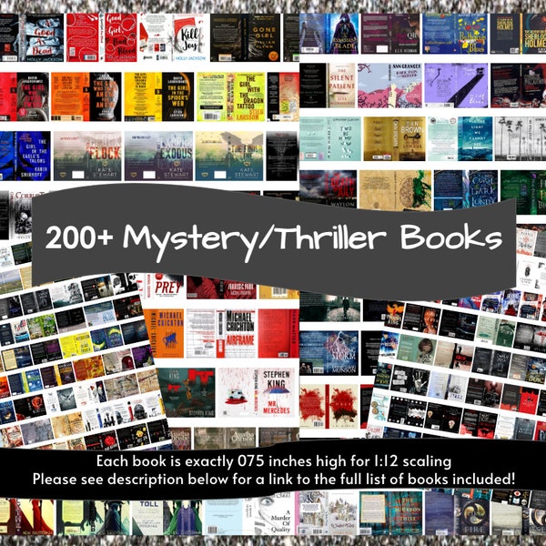 200+ Mystery Thriller Suspense Mini Book Covers Printable 1:12 Scale, Anxiety Bookshelf, Full Covers with Spines- FREE Gift of Inside Pages!
