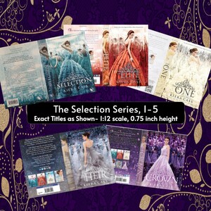May include: A collection of five miniature books from The Selection series by Kiera Cass, each measuring 0.75 inches in height. The covers feature illustrations of individuals in ballgowns, with titles including La Sélection, La Elite, The One, The Heir, and The Crown.