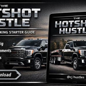 Pode incluir: Imagem promocional para "The Hotshot Hustle", um guia de iniciação para caminhoneiros. O gráfico apresenta um caminhão GMC preto, o título do guia e os principais tópicos: Configure seu equipamento, Requisitos legais e Encontre cargas.