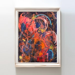abstract painting original art work on canvas, acrylic rectangular wall art, modern dark blue orange colors  home decor, modern abstract art