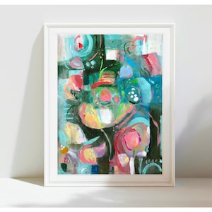 Original abstract painting large on canvas, blue pink red wall art, colorful bright wall art decor, modern living room painting